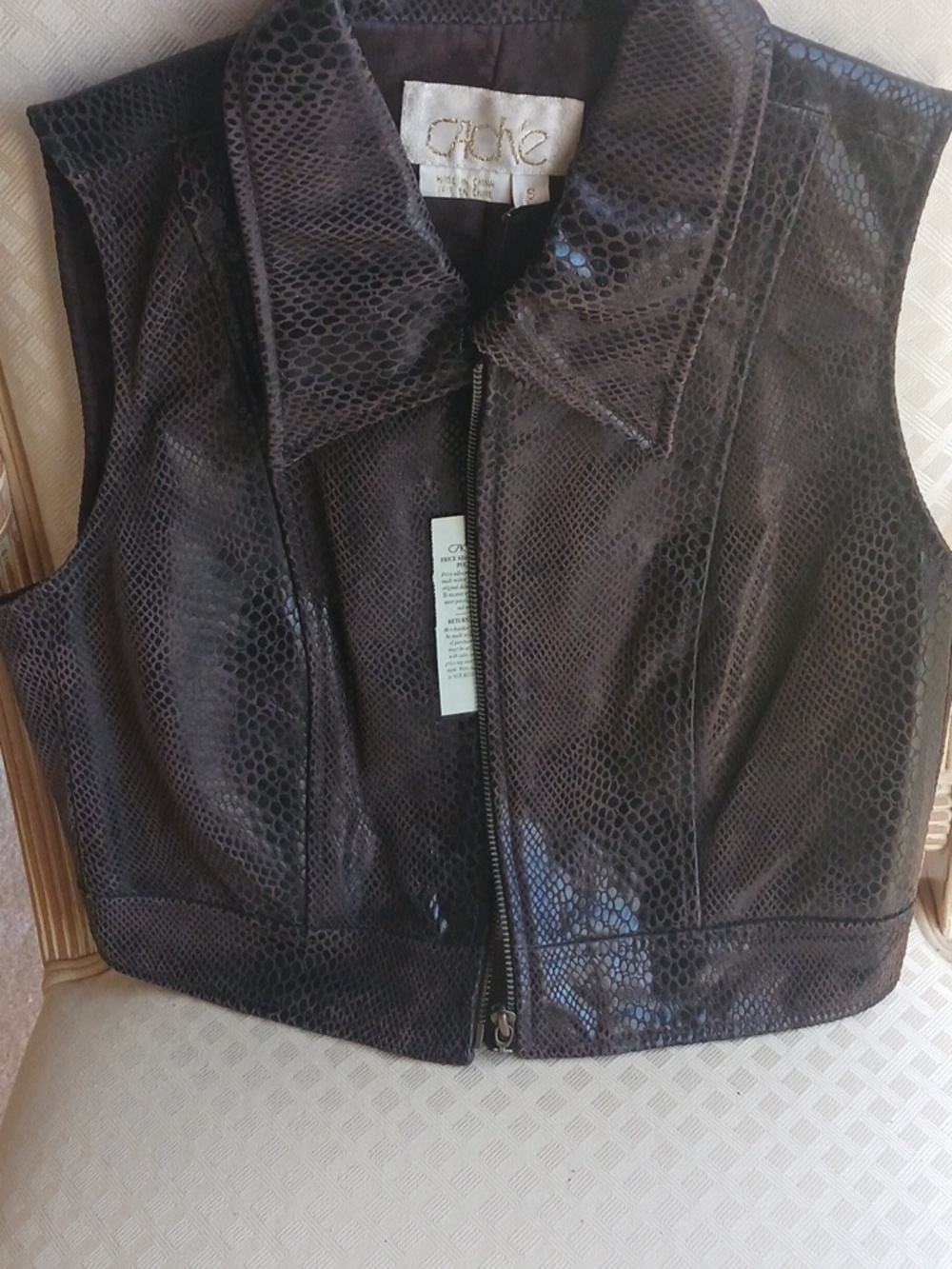 Vintage Women's Brown Leather Vest (store cache)sz S, NEW ,brown reptile Print,